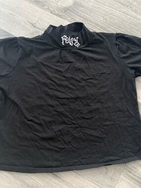 Widow Black Crop Top with Gothic ‘Fairy’ Embroidered on Neck